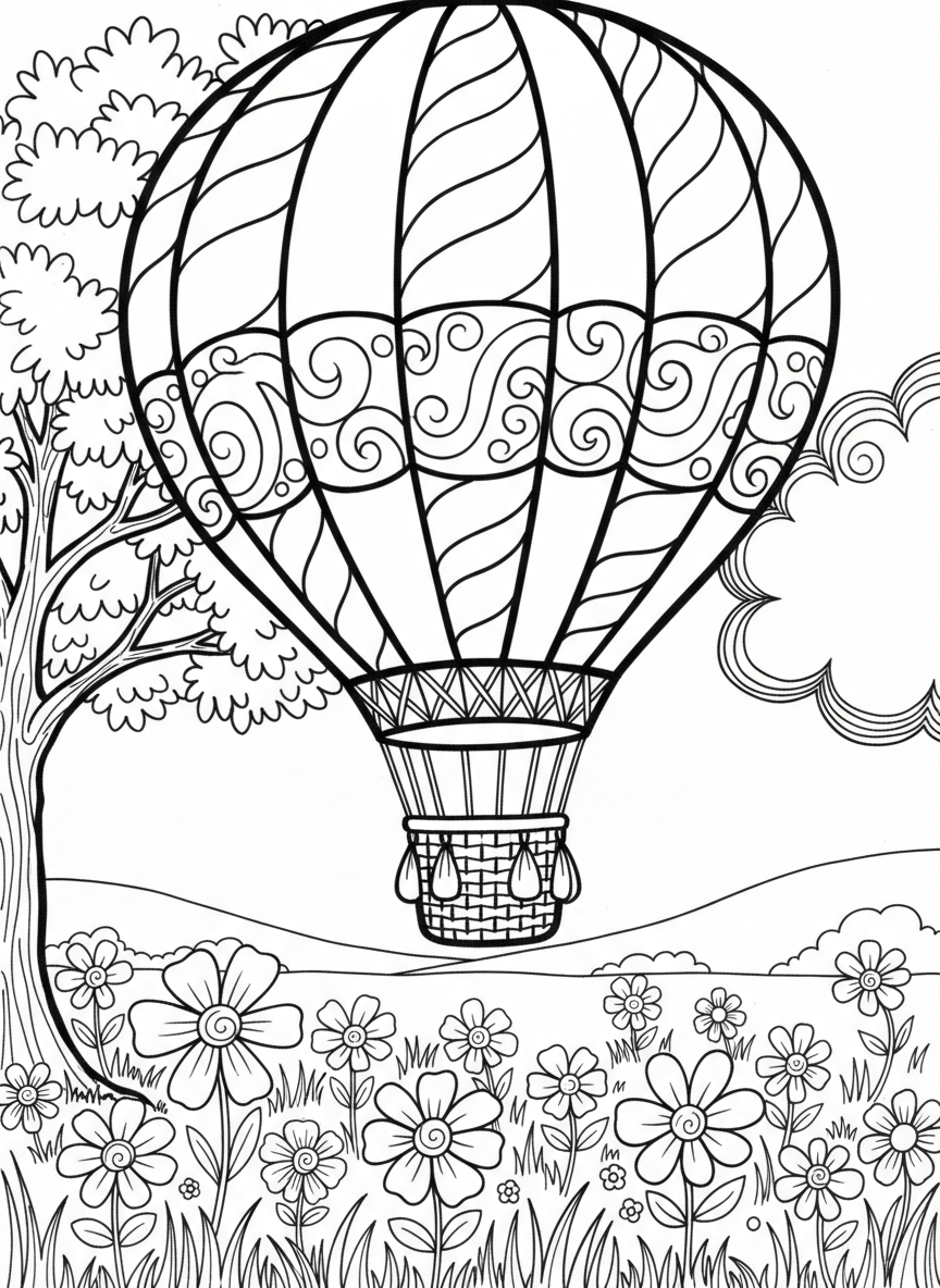 A hot air balloon with candy cane stripes and swirl patterns, floating above a meadow full of wildflowers.