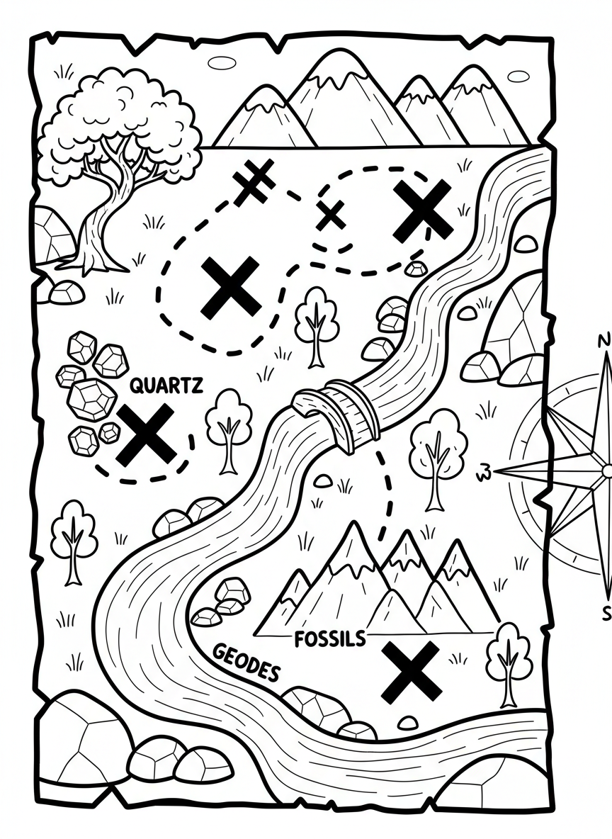 A simple treasure map leading to different rock collecting spots, with X marks, trees, rivers, and mountain landmarks.