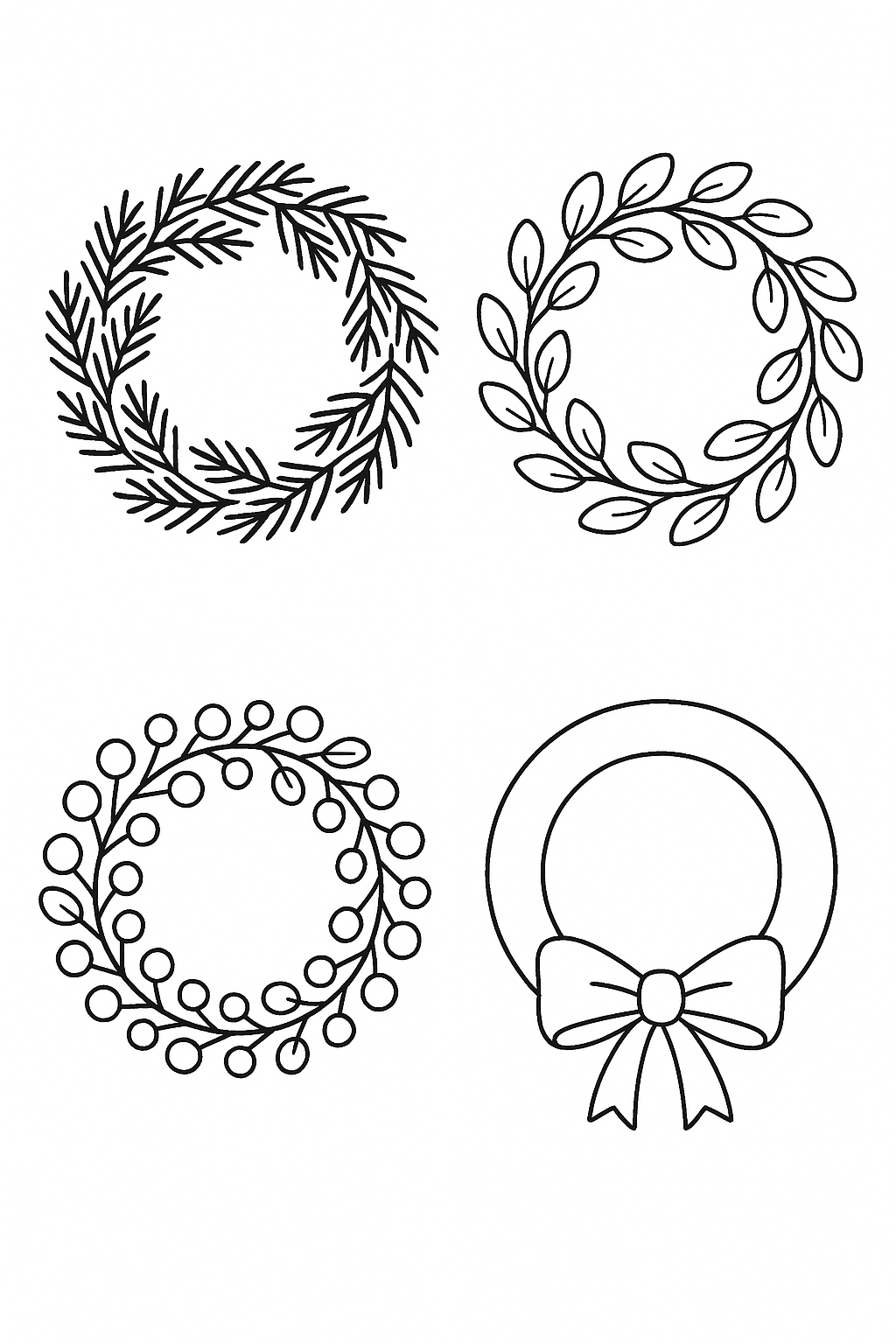 Holiday wreath collection: classic evergreen, minimalist eucalyptus, berry wreath, ribbon wreath.