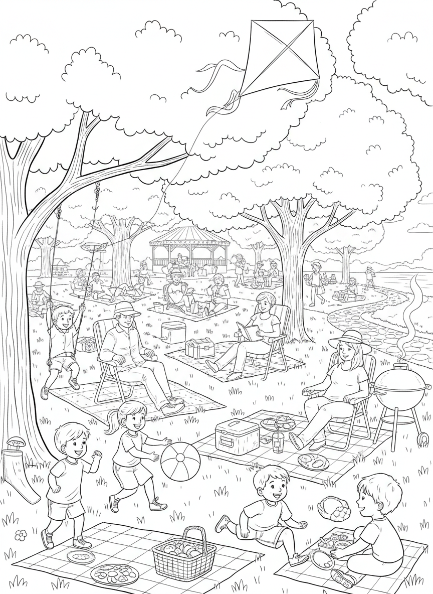 Labor Day Picnic coloring page prompts celebrating late-summer gatherings, relaxation, and seasonal transition.	Children playing nearby while adults relax on blankets and folding chairs.