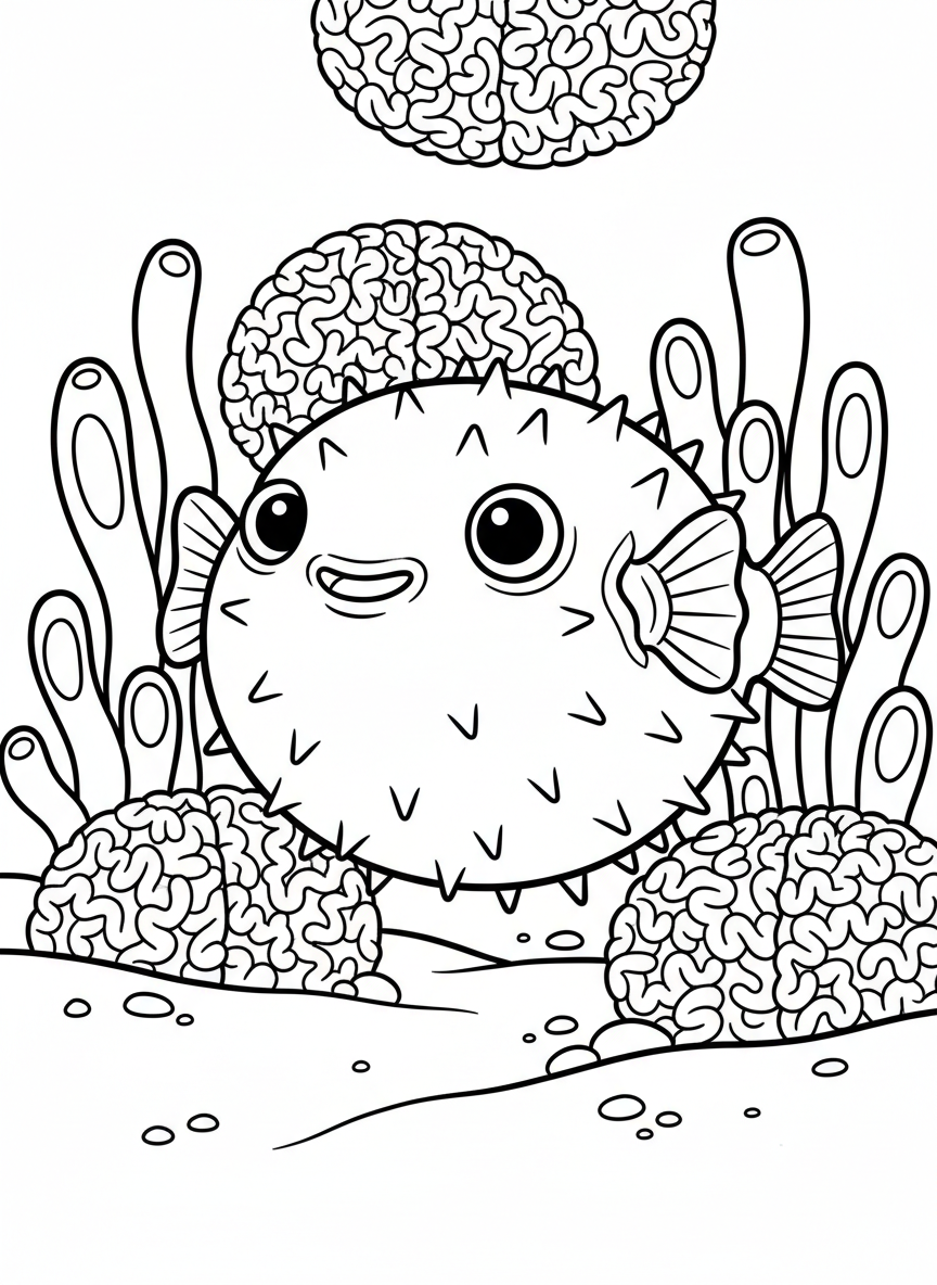 A friendly pufferfish floating near round brain coral and tube sponges, simple and fun design