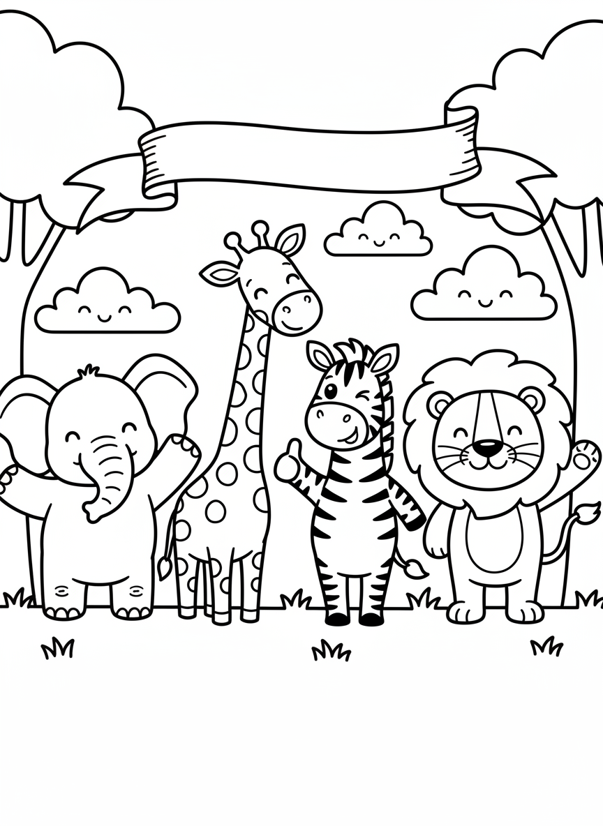 An elephant, giraffe, zebra, and lion standing in a row as friends, each waving or smiling, simple banner scene for nursery decor