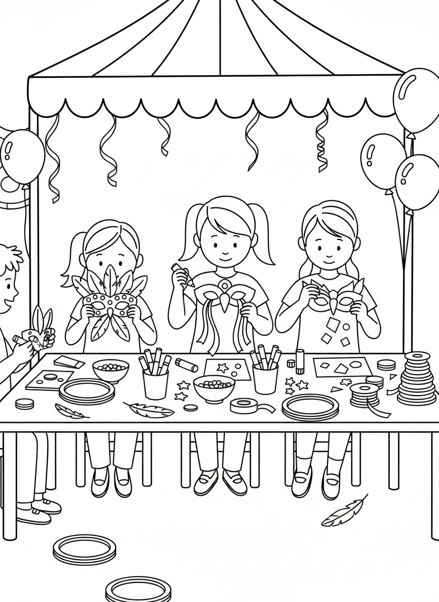 Kids making paper plate masks decorated with feathers, sequins, ribbons, and colorful markers at a birthday party craft station.
