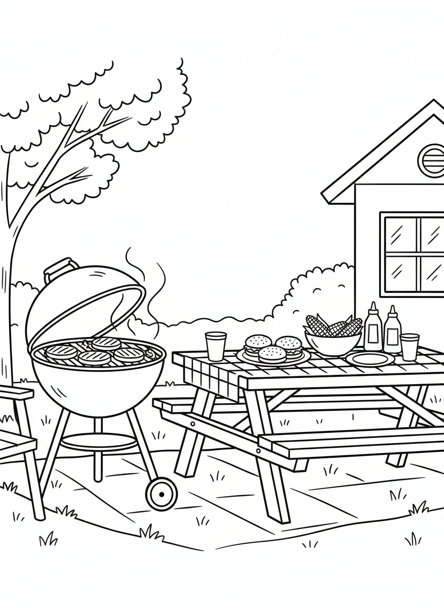 A backyard barbecue scene with a grill, picnic table, corn on the cob, and hamburgers ready for a Labor Day cookout.