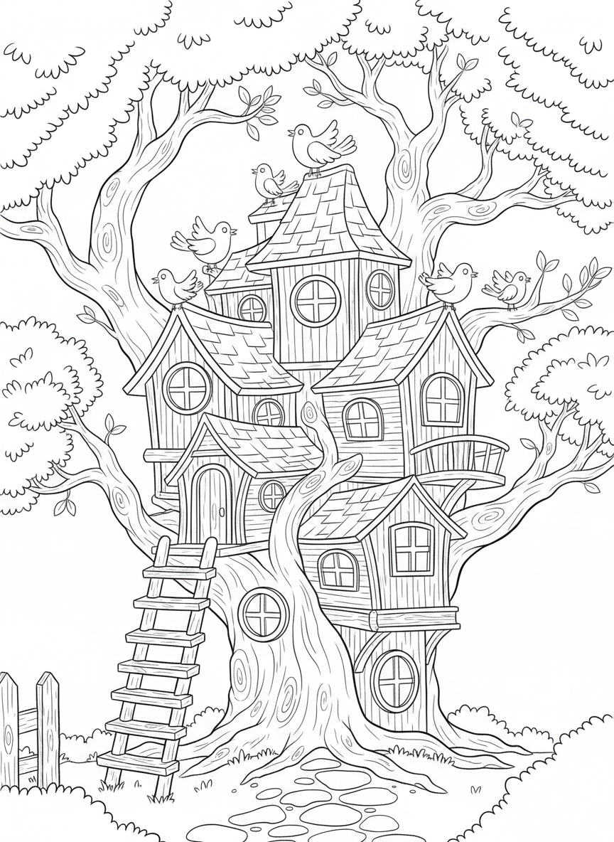 A cozy treehouse with a ladder, windows, and birds perched nearby, detailed architectural elements
