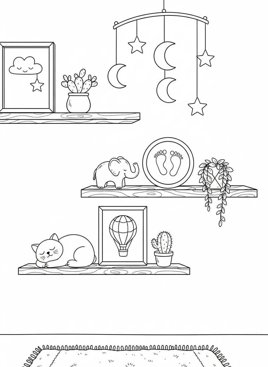 A wall display featuring decorative shelves holding small plants, picture frames, and cute animal figurines in a nursery setting