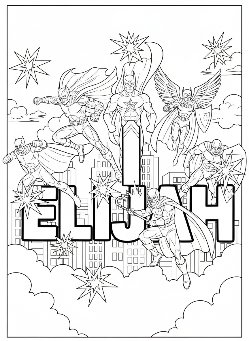 The name ELIJAH in superhero-style letters with capes, masks, and action stars bursting around the name, coloring page