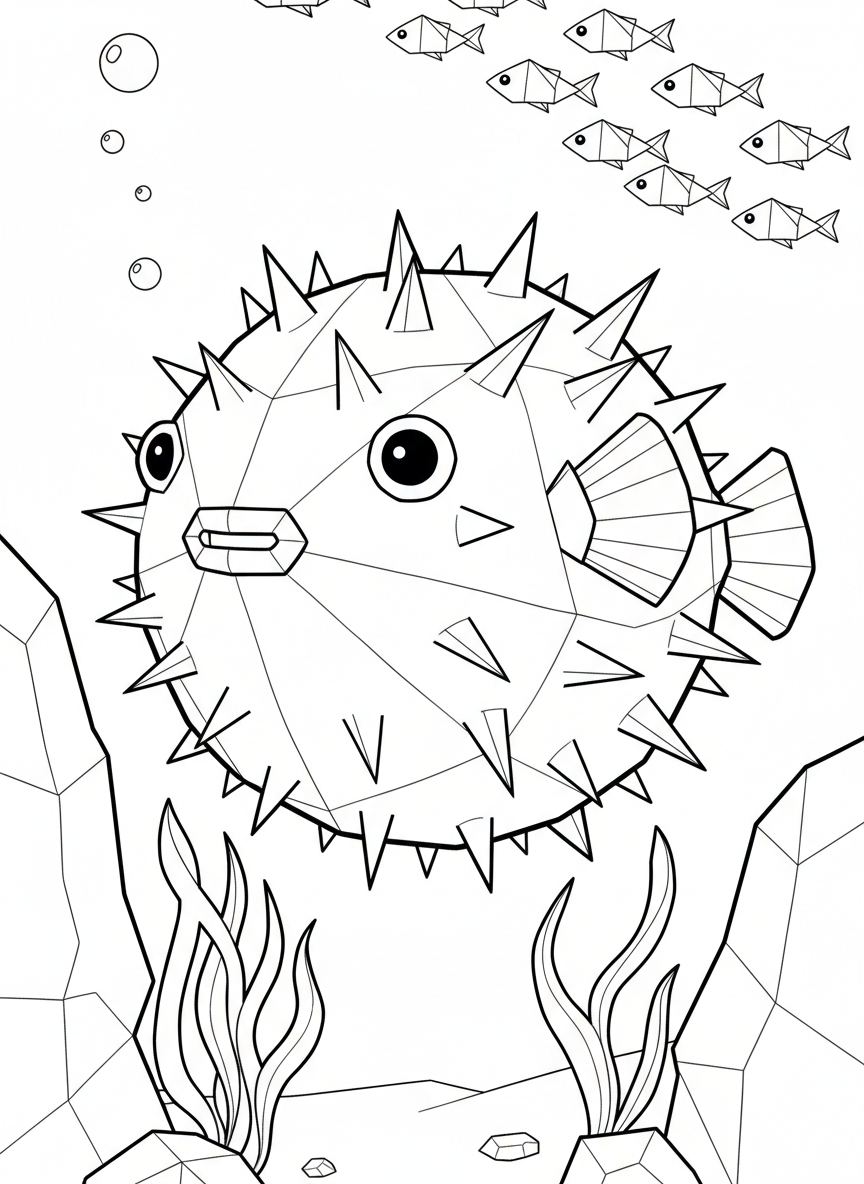 A cute origami pufferfish with geometric spikes all around its round body, showing angular paper fold details.
