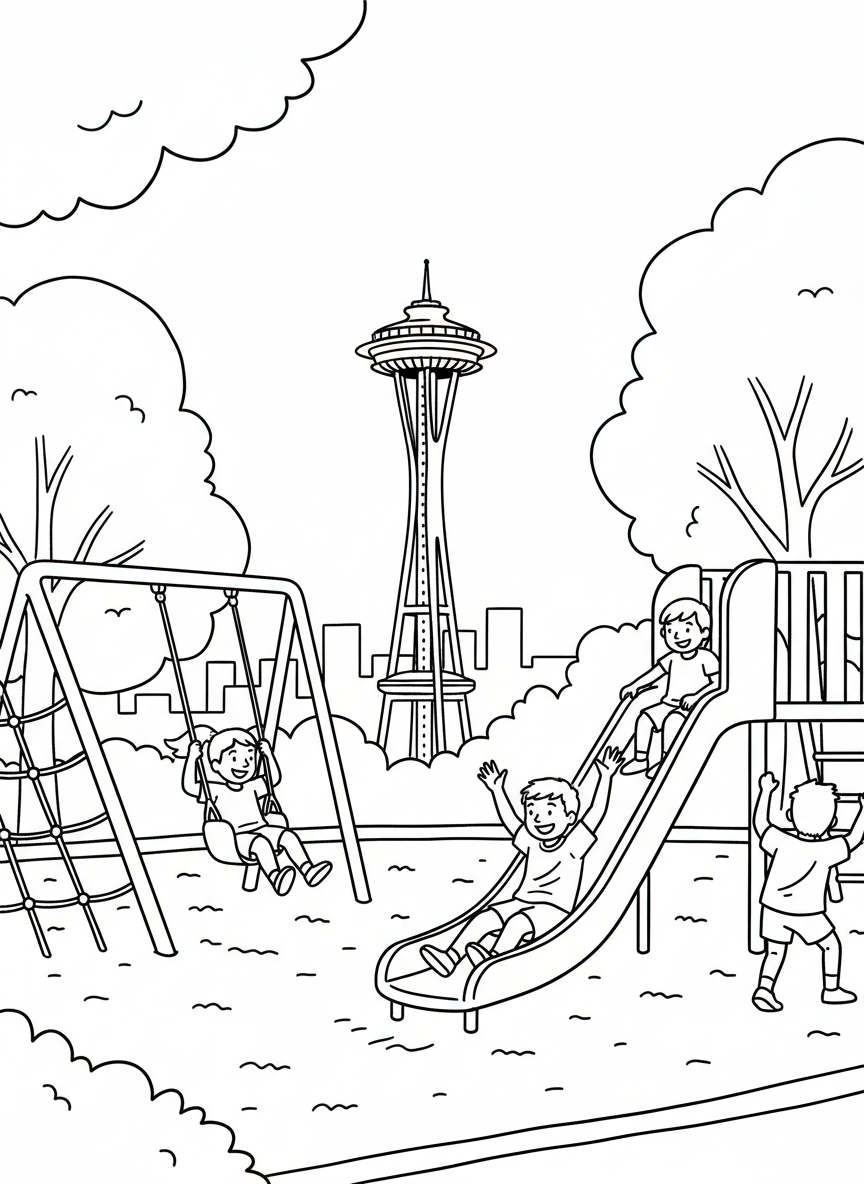 Children playing at a Seattle playground with the Space Needle visible through the trees, fun park scene.