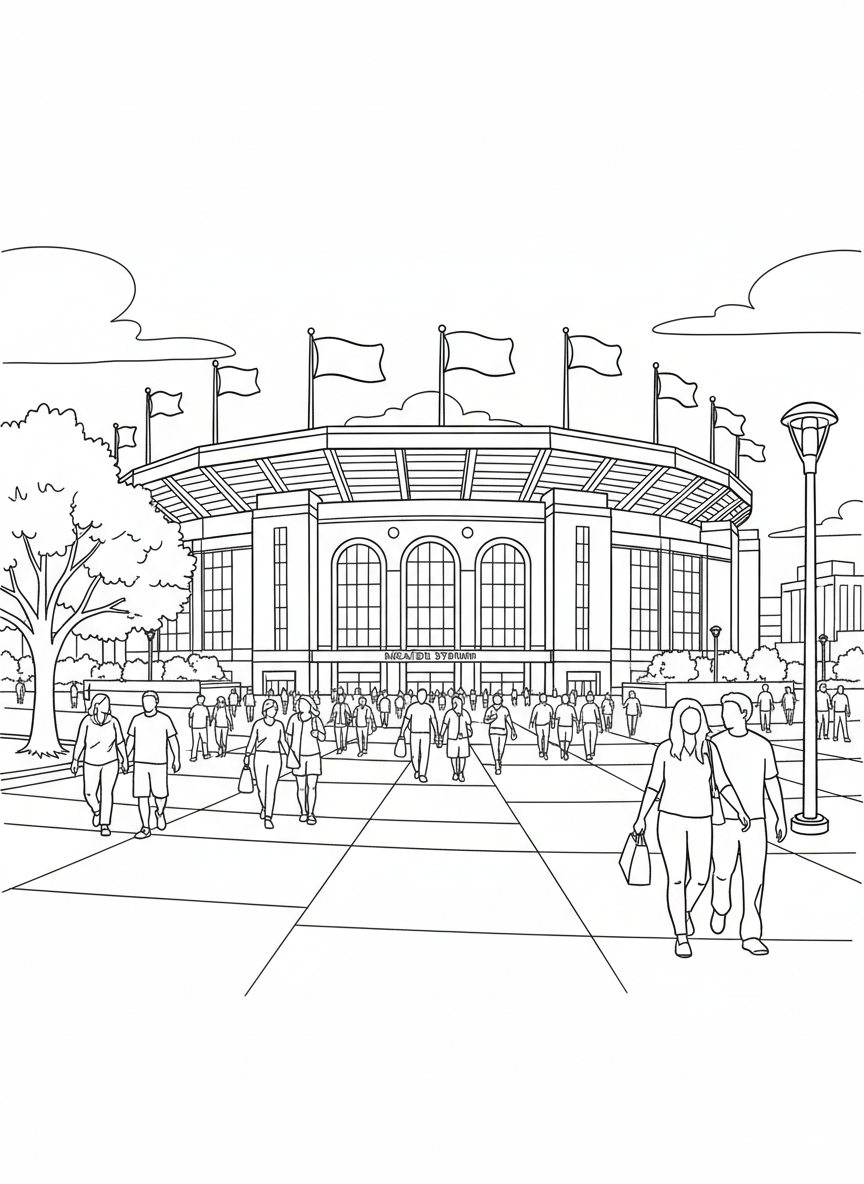 Lucas Oil Stadium exterior with its distinctive architecture, flags on top, and people walking toward the entrance.