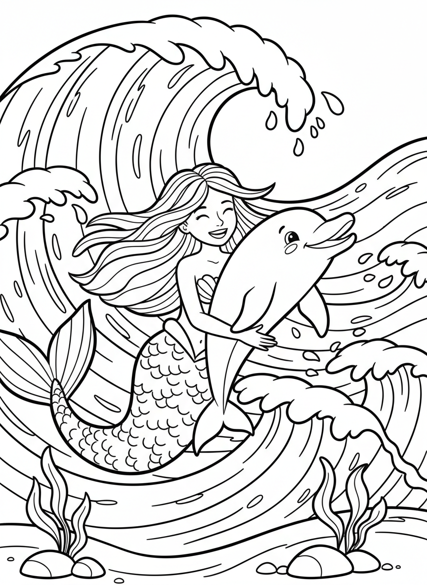 A mermaid swimming alongside a friendly dolphin, both smiling and playing together in the ocean waves