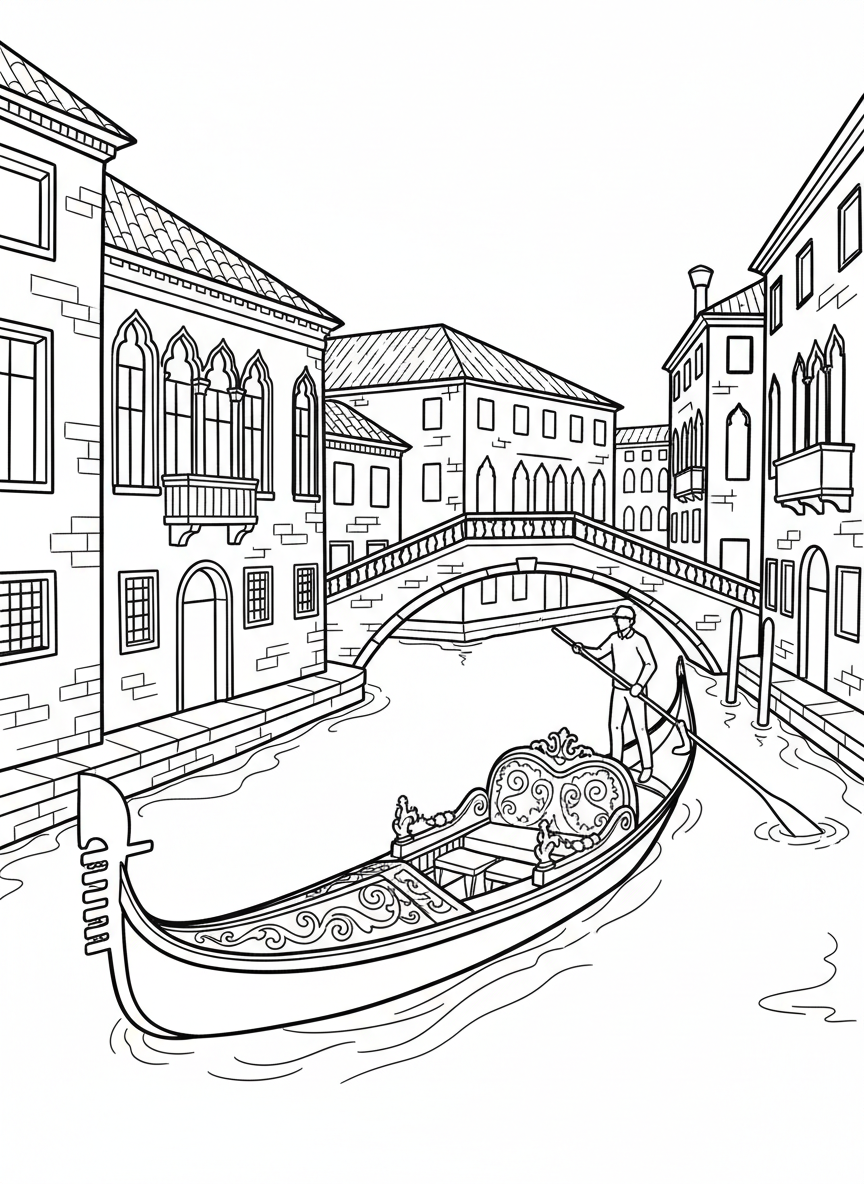 A gondola with an ornate design and a long oar, floating in a canal with buildings and a bridge in the background.