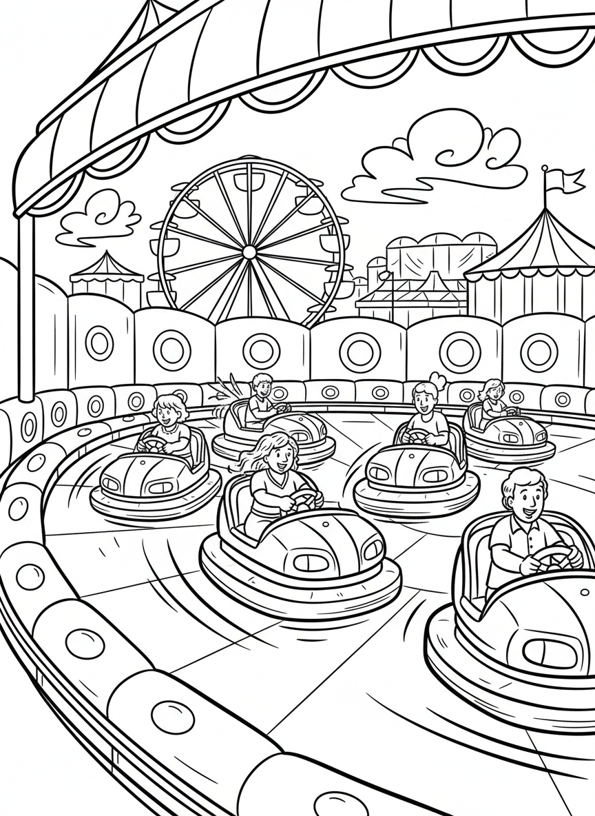Carnival bumper cars in an arena, with padded sides and steering wheels, ready for fun rides.