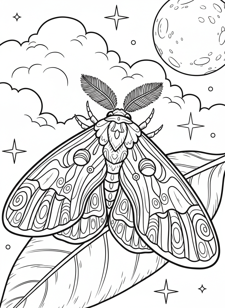 A moth with feathery antennae and patterned wings resting on a leaf at night.