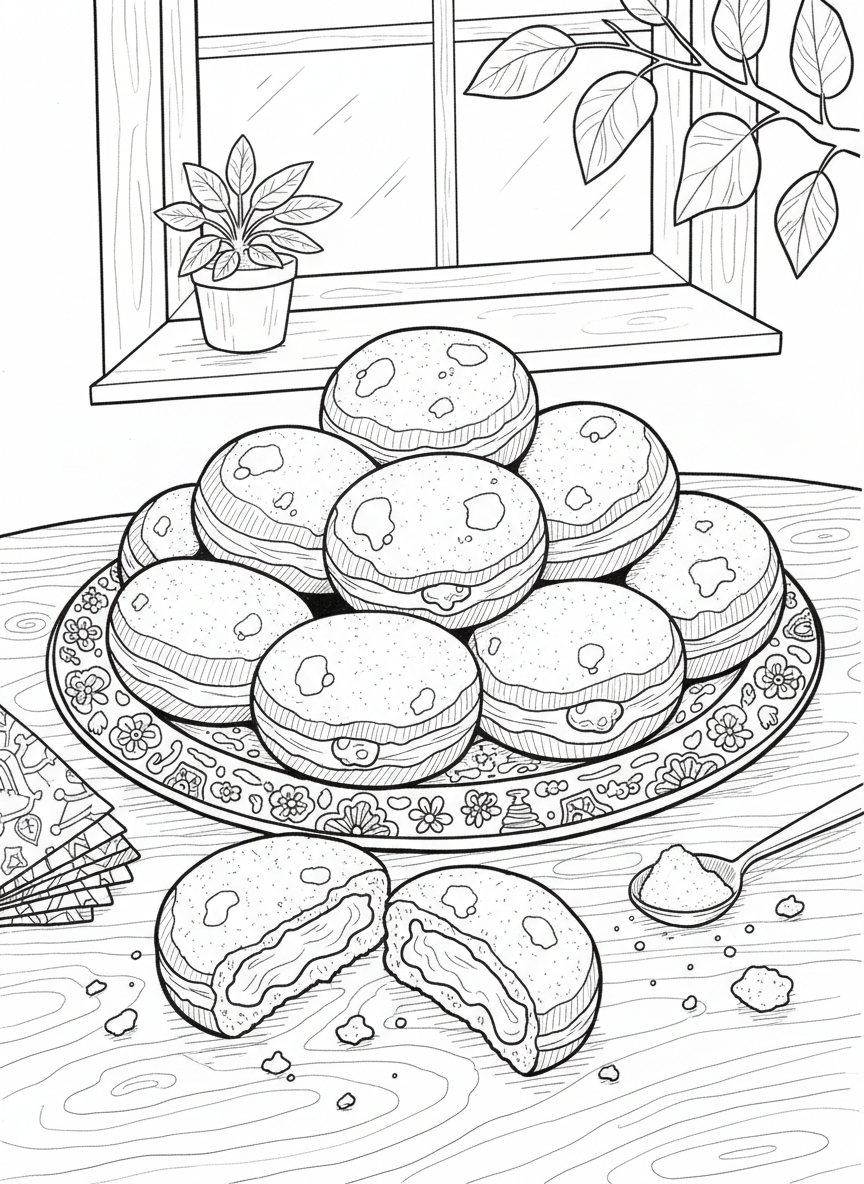 A cheerful scene of sufganiyot (jelly donuts) on a decorative plate, with powdered sugar on top, some cut in half showing filling.