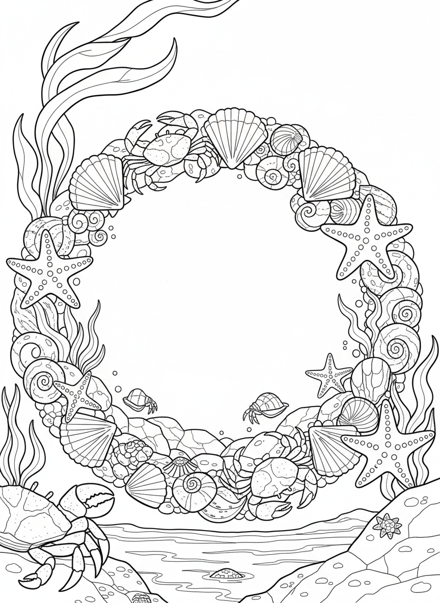 A decorative border scene of tide pool life including shells, starfish, crabs, and seaweed forming a frame