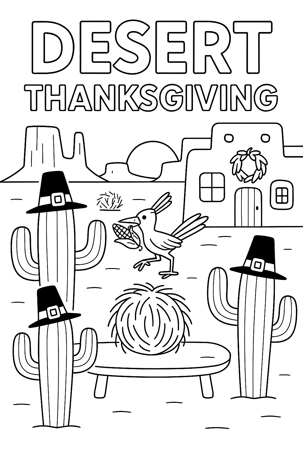 Desert thanksgiving with cacti wearing pilgrim hats, roadrunner carrying corn, tumbleweeds arranged as centerpiece, adobe house with chili pepper wreaths, sunset over mesas