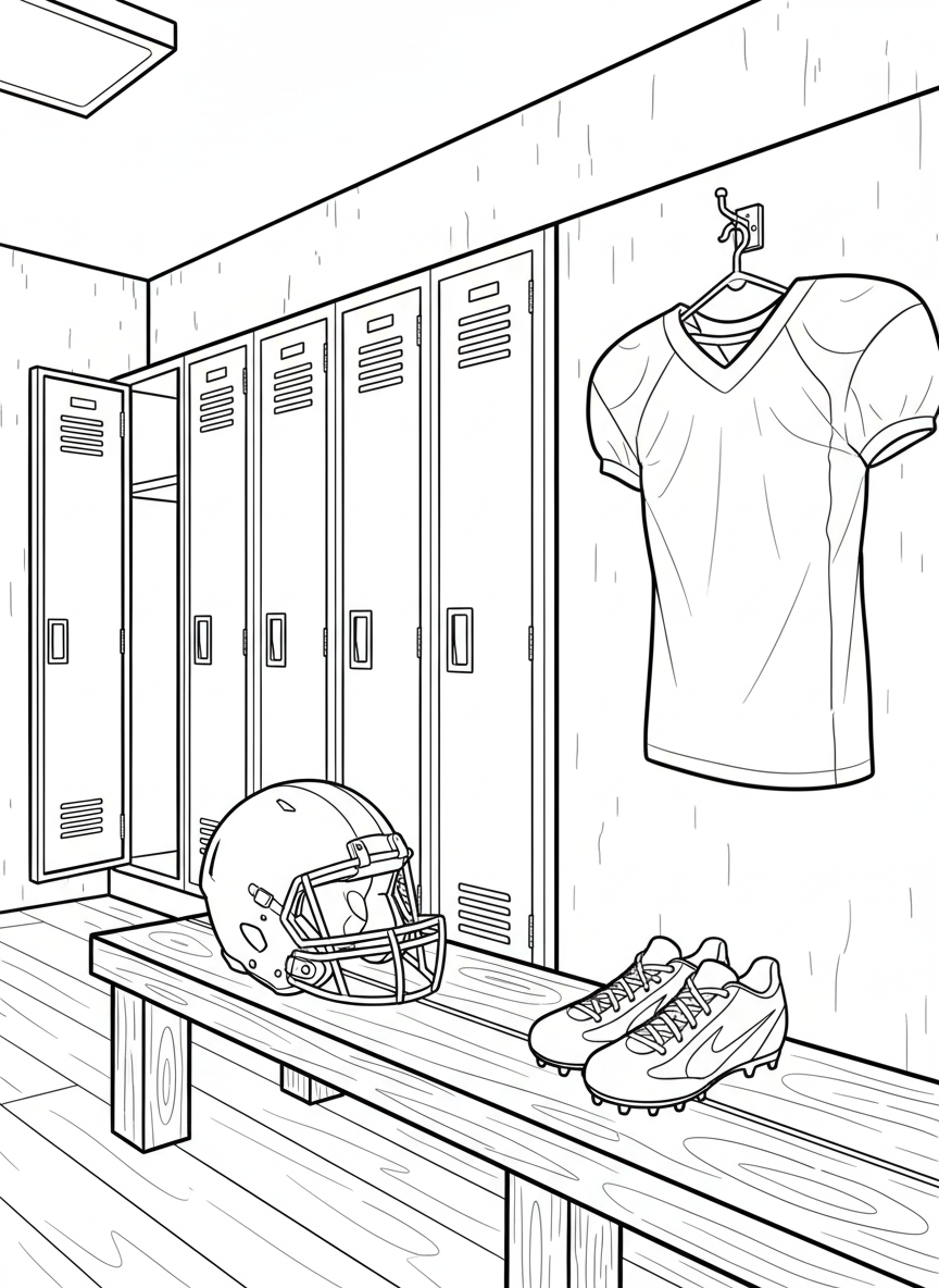 A football helmet and cleats sitting on a bench in a locker room with a jersey hanging on a hook nearby.