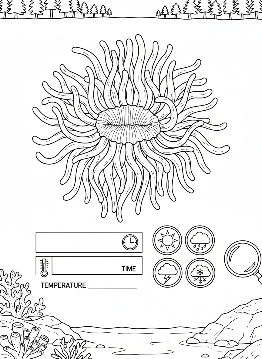 A scientific observation sheet with a large sea anemone drawing, temperature and time boxes, and weather symbols to color