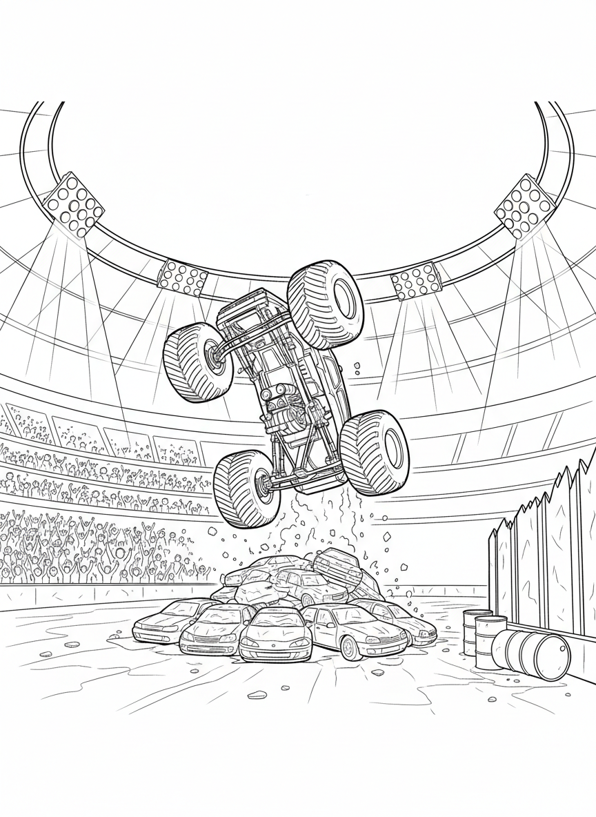 A monster truck doing a backflip stunt in an arena with spotlights shining down