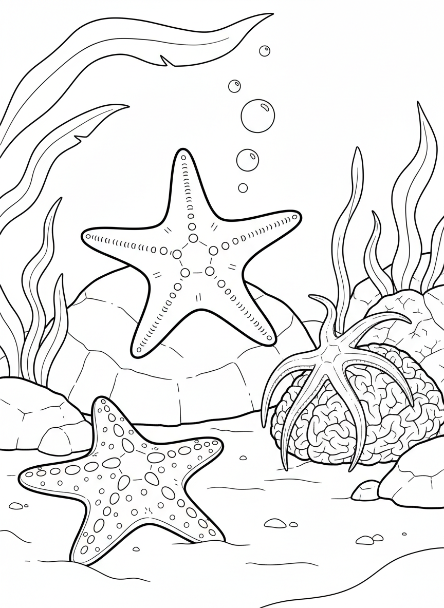 Three different starfish species in various poses: one with five arms, one with six arms, and one with bumpy texture, educational comparison.