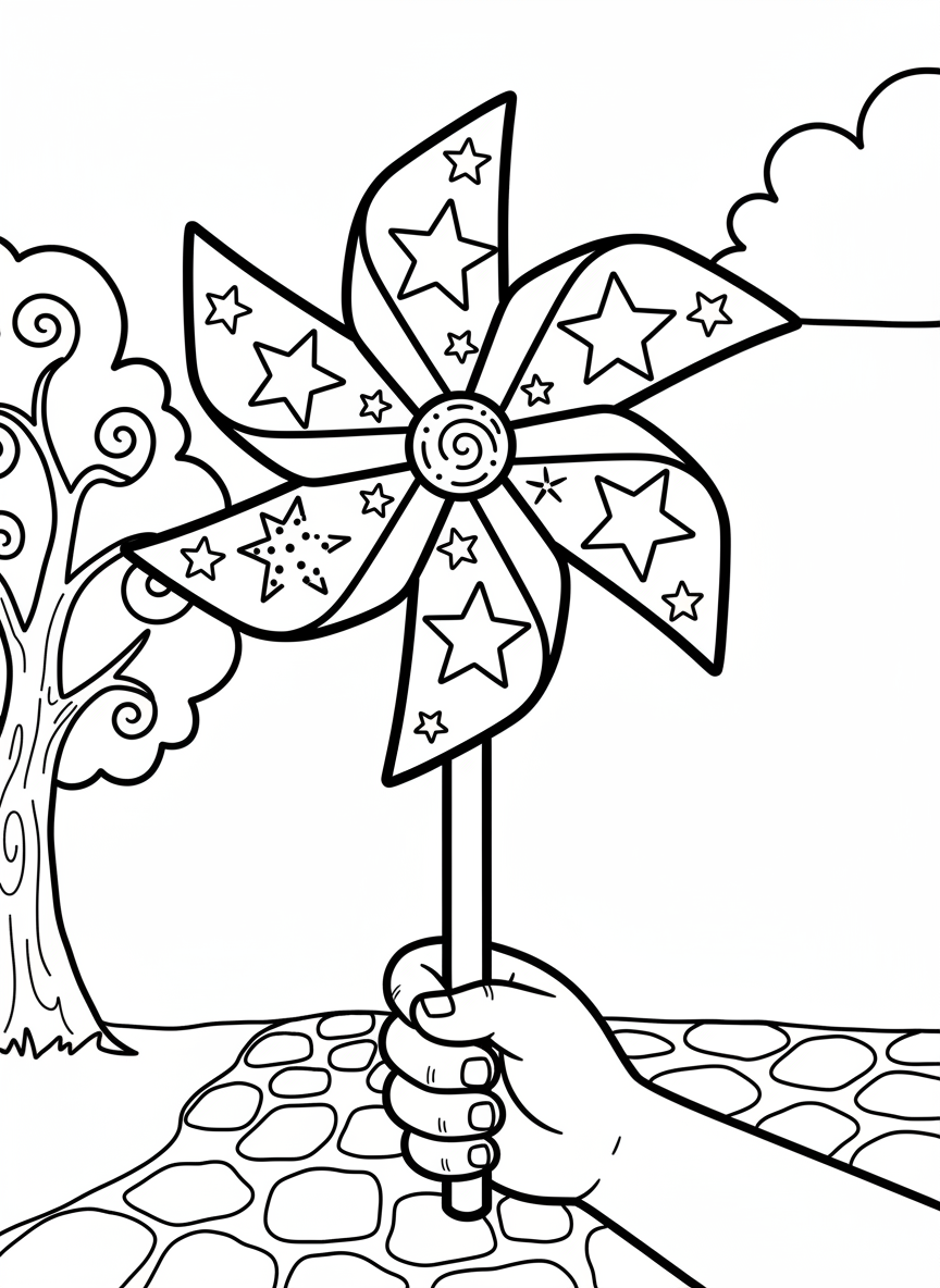 A close-up of a decorative pinwheel with star patterns on each blade, mounted on a stick with a child's hand holding it.