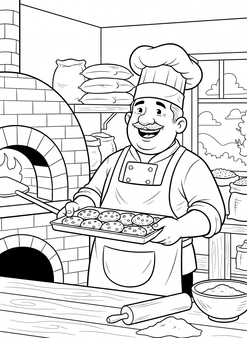A friendly baker wearing a chef's hat and apron, holding a tray of freshly baked cookies with a big smile