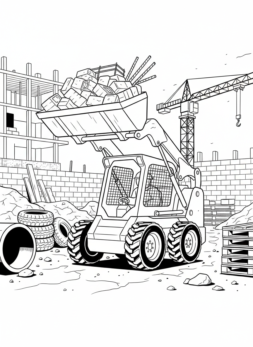 A skid steer loader with a pile of construction materials nearby, compact vehicle with visible operator cabin and wheels.