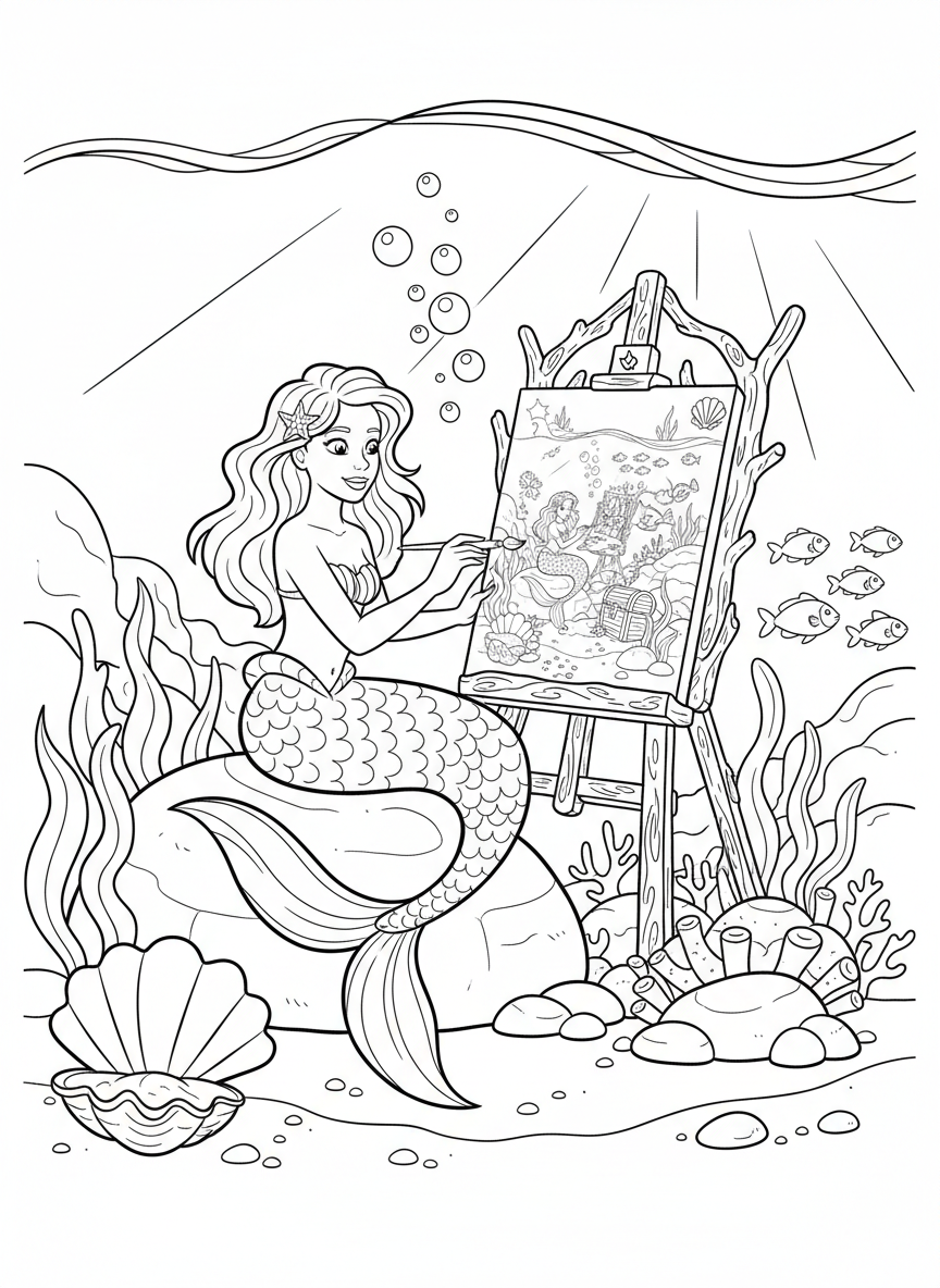 A mermaid artist painting on an easel made of driftwood, creating a picture of the underwater world around her