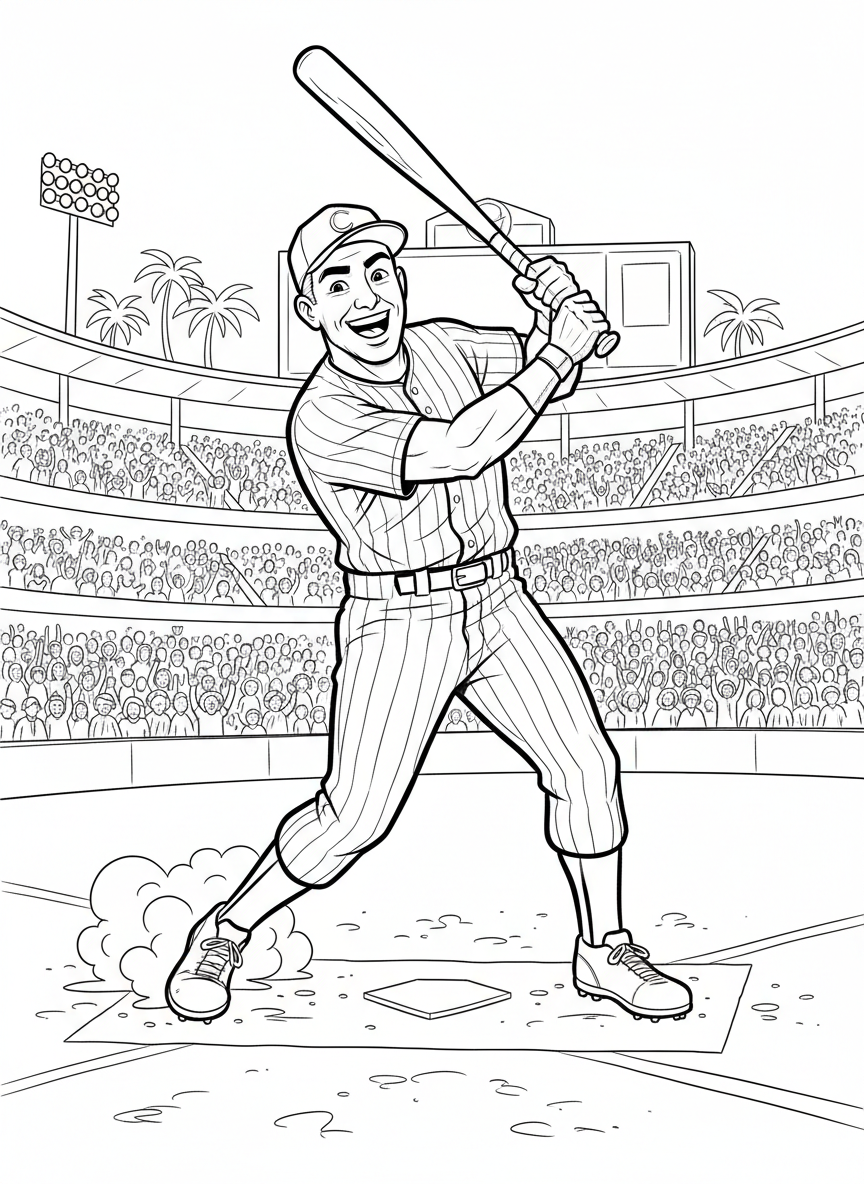 A smiling baseball player at bat in a stadium, ready to swing with excitement on opening day, simple line art with clear outlines.