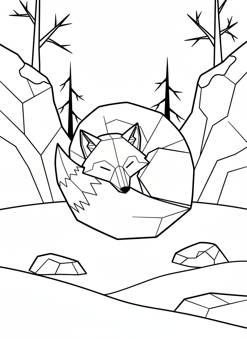 An origami arctic fox curled up sleeping in a circle, tail wrapped around body, peaceful pose with clean geometric fold lines