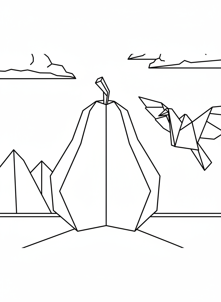 A simple origami pear with smooth angular paper edges, showing fold lines down the middle and a tiny paper stem