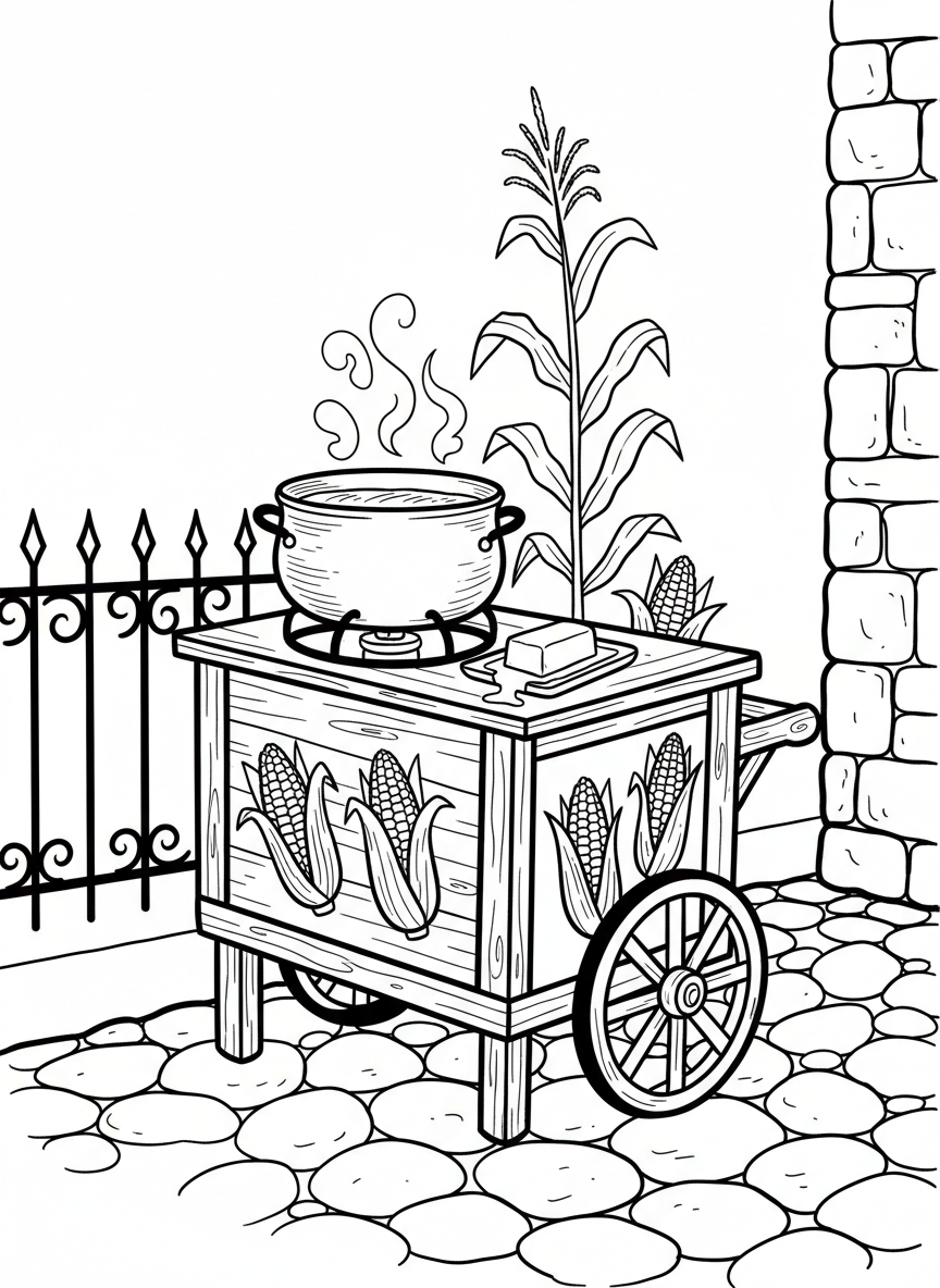 A simple corn on the cob cart with a steaming pot, butter dish, and corn illustrations decorating the cart's sides.