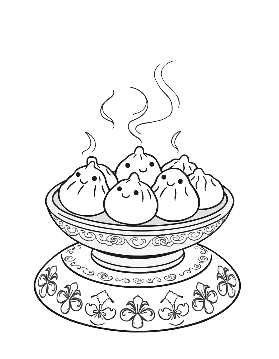 Dumpling Dinner: A steaming plate of cute dumplings (some with smiley faces) sitting on a round table.