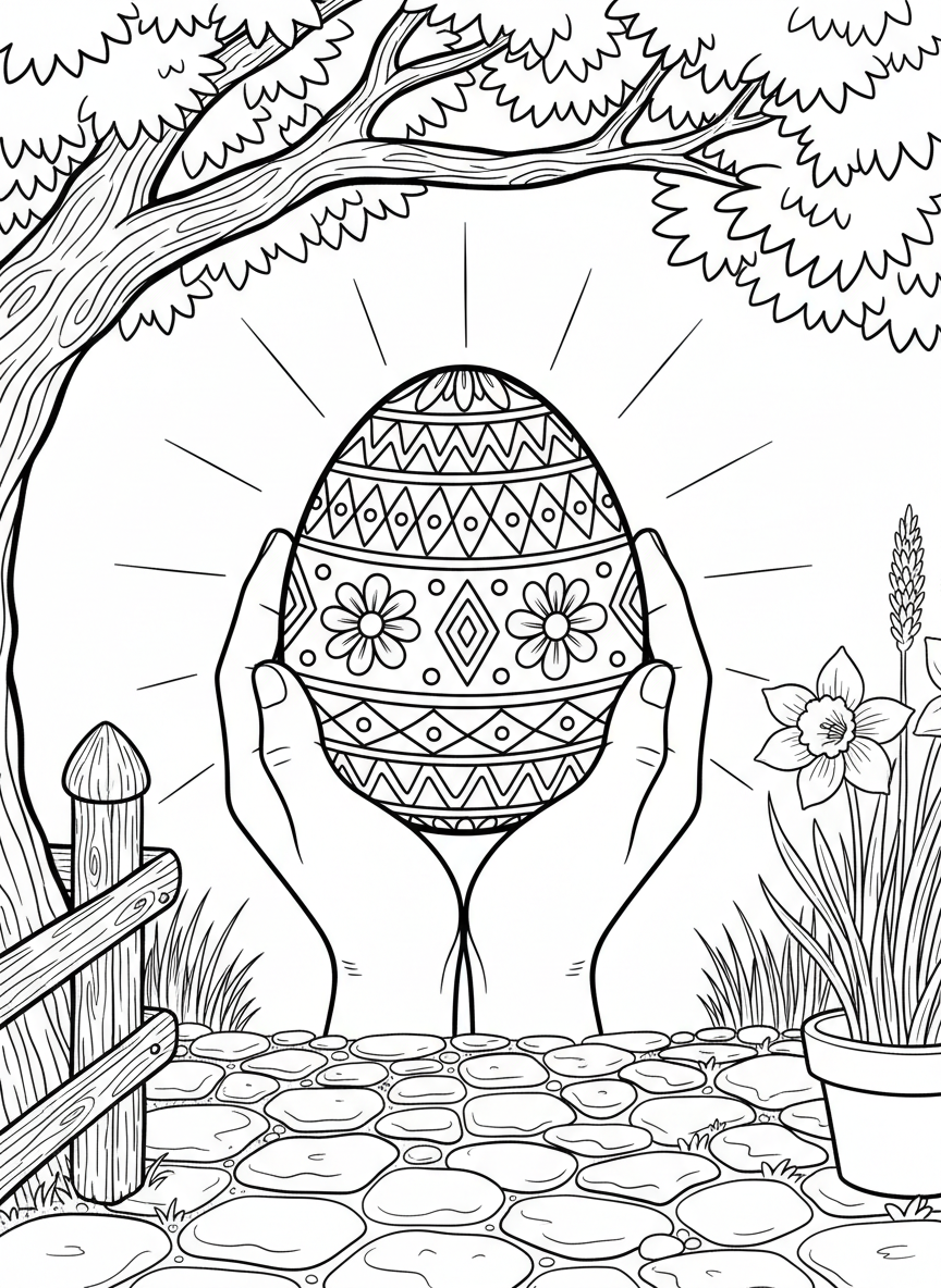 A close-up of hands holding a decorated Easter egg up to morning sunlight, showing intricate patterns and designs on the shell.
