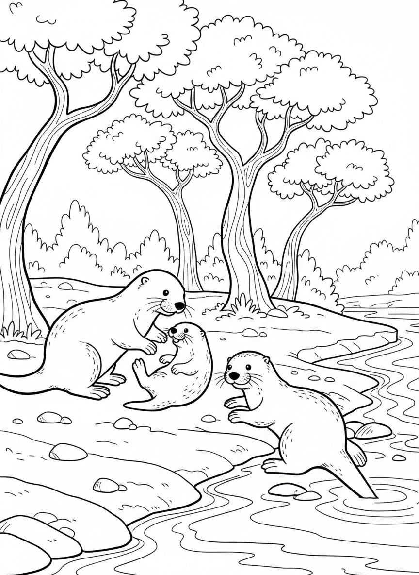 A family of river otters playing on the riverbank with trees and bushes in the background, playful poses