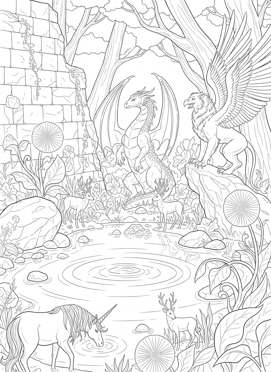 A magical forest where mythical creatures gather near a crystal-clear pond surrounded by glowing plants and ancient stone ruins.