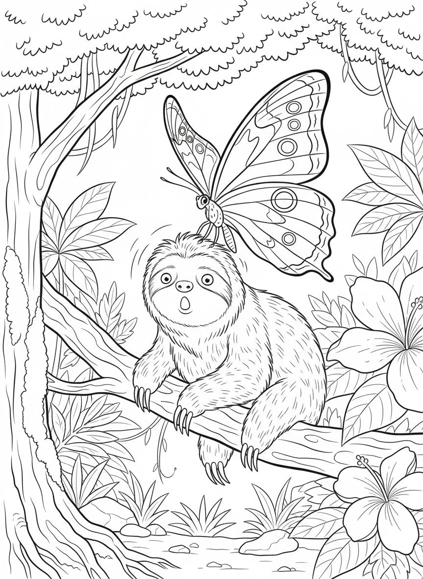 A morpho butterfly landing on a sloth's head, with the butterfly's large wings spread and the sloth looking surprised.
