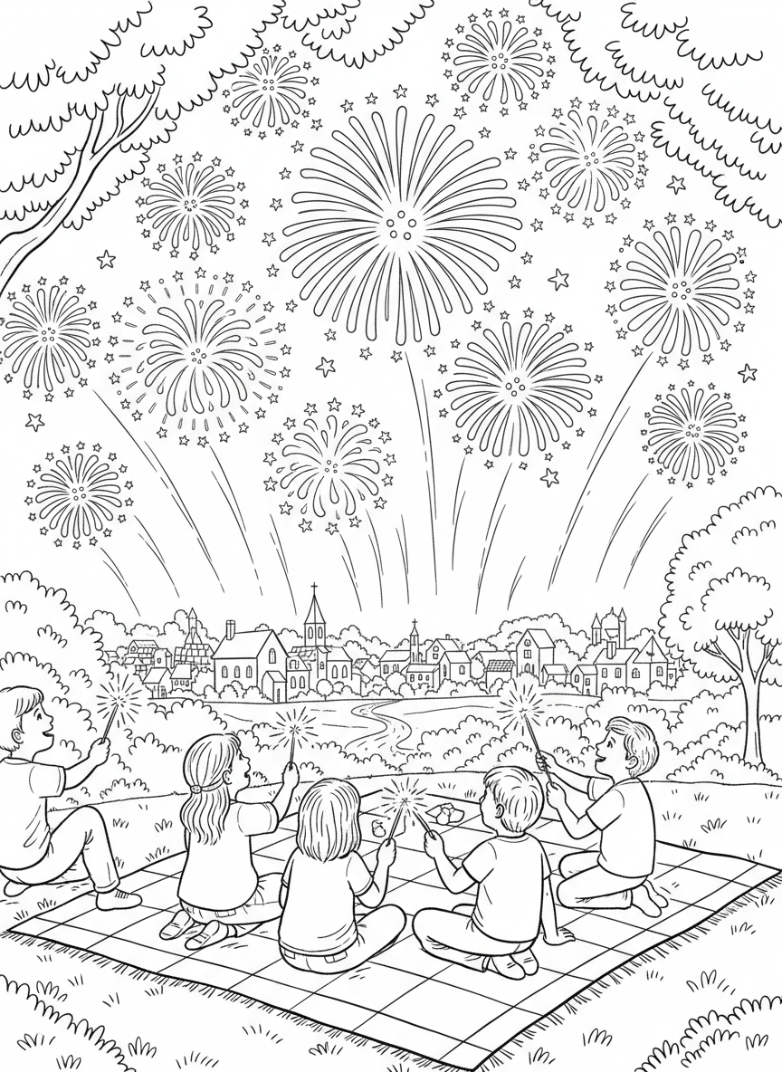 Children watching fireworks explode in the night sky over a small town, sitting on a picnic blanket with sparklers nearby