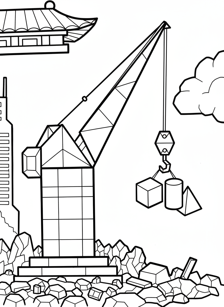 An origami construction crane with geometric arm, rectangular base, and angular hook lifting simple block shapes