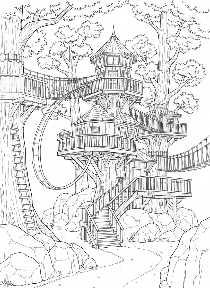 A treehouse with a lookout tower connected to a lower platform by both stairs and a zip line, architectural adventure structure.