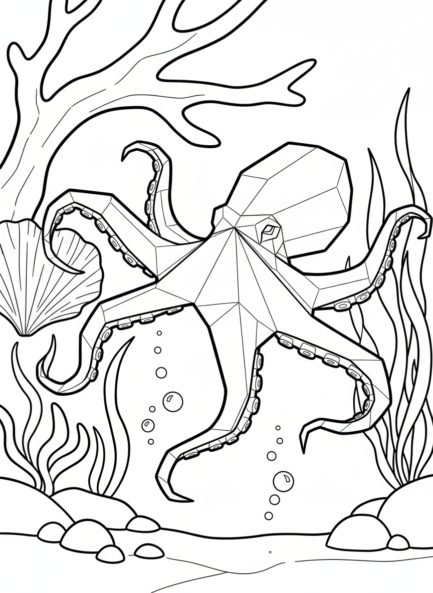 An origami octopus with eight folded tentacles spreading outward, showing clear crease lines and symmetrical design