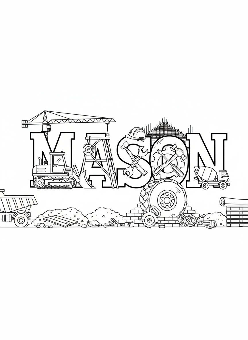 The name MASON in construction-themed letters decorated with tools, hard hats, and trucks, black outline line art