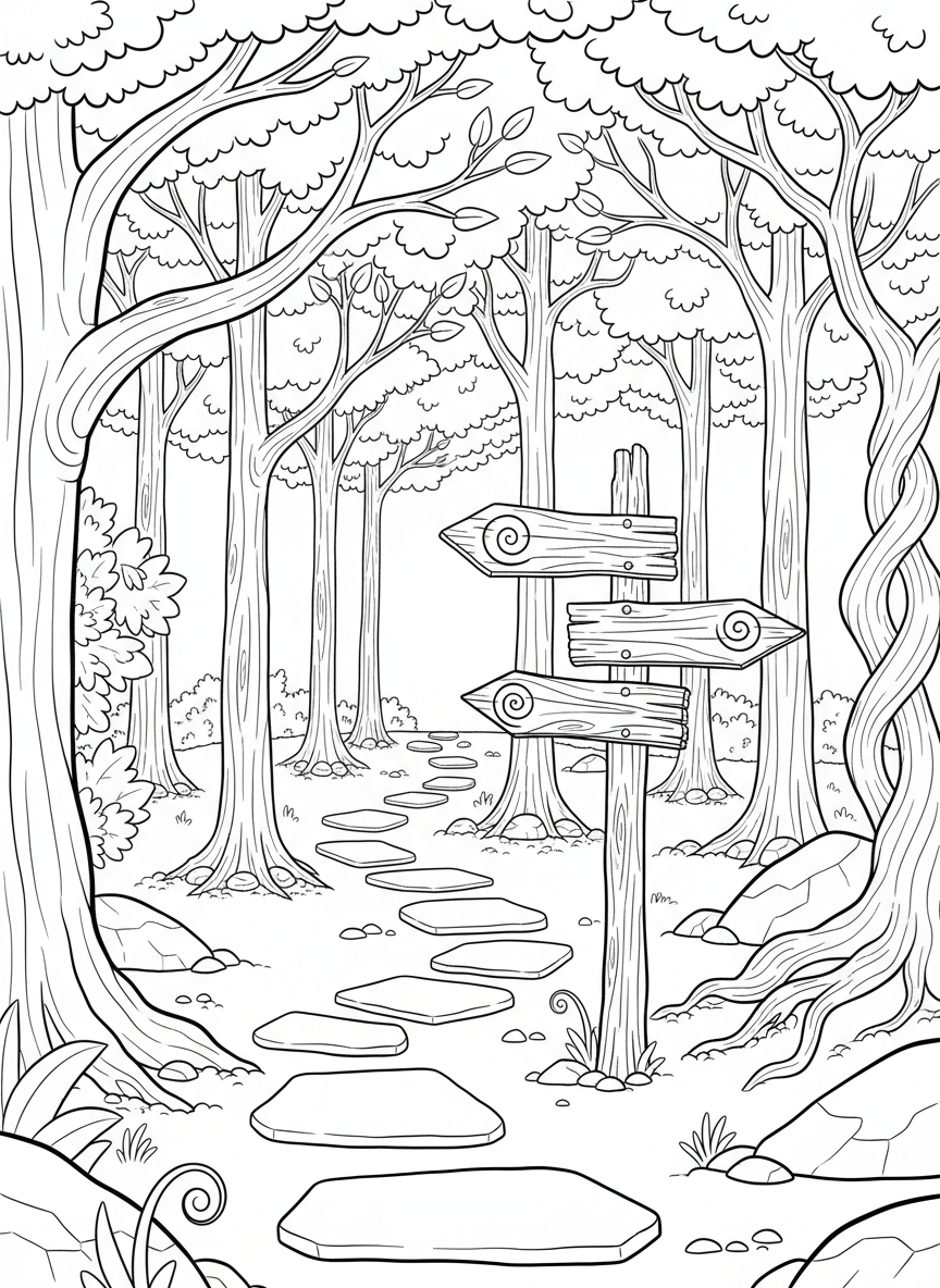 A winding forest path with stepping stones, tall trees on both sides, and a wooden signpost pointing to magical places