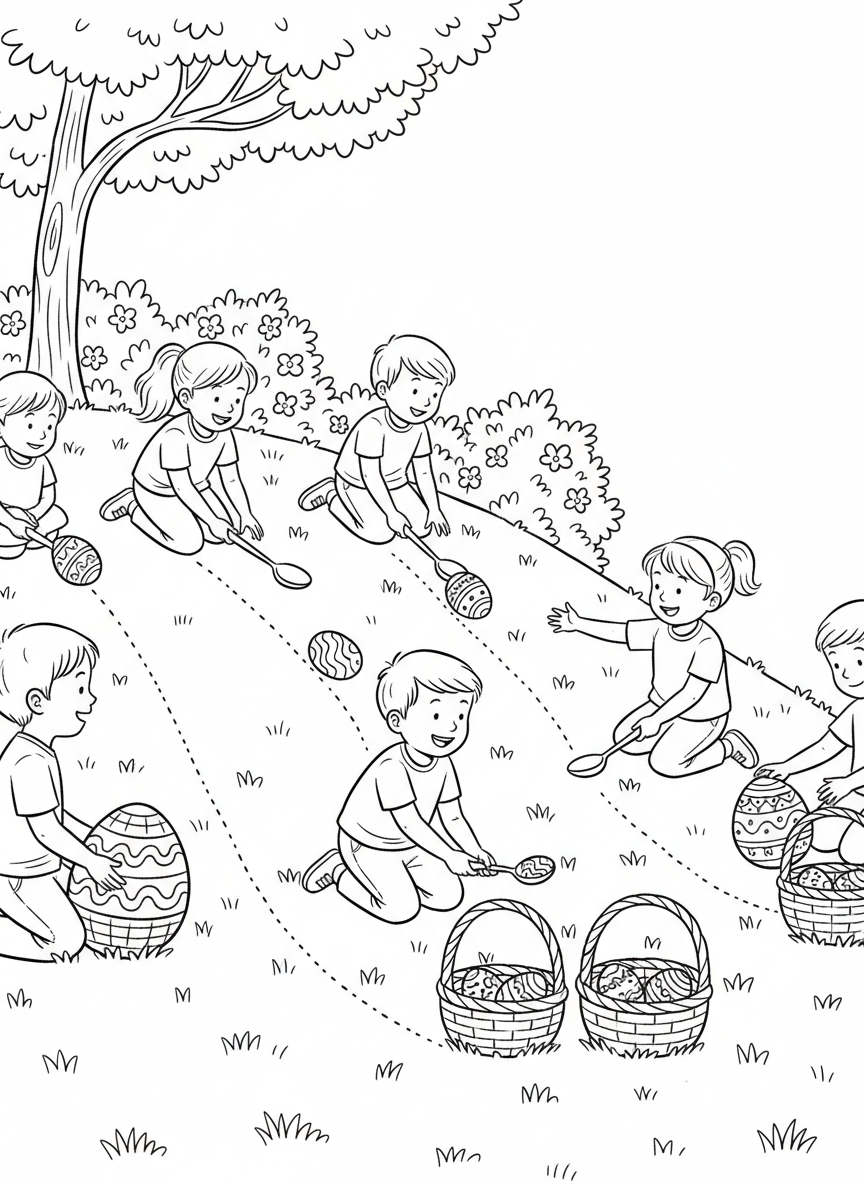 Children playing a gentle Easter egg roll game on a grassy lawn, with eggs rolling down a small hill and baskets waiting at the bottom.