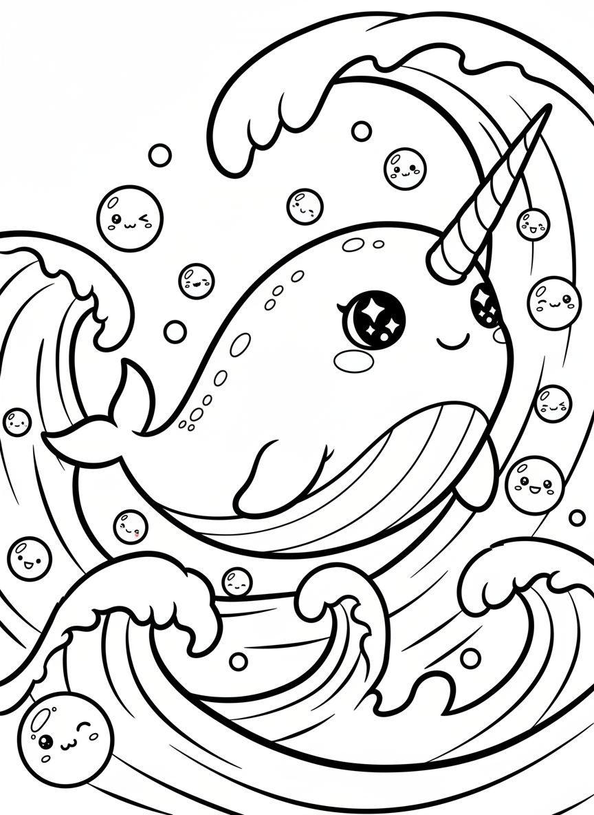 A chubby kawaii narwhal swimming through waves, with a spiral horn and big sparkling eyes, surrounded by bubbles with faces