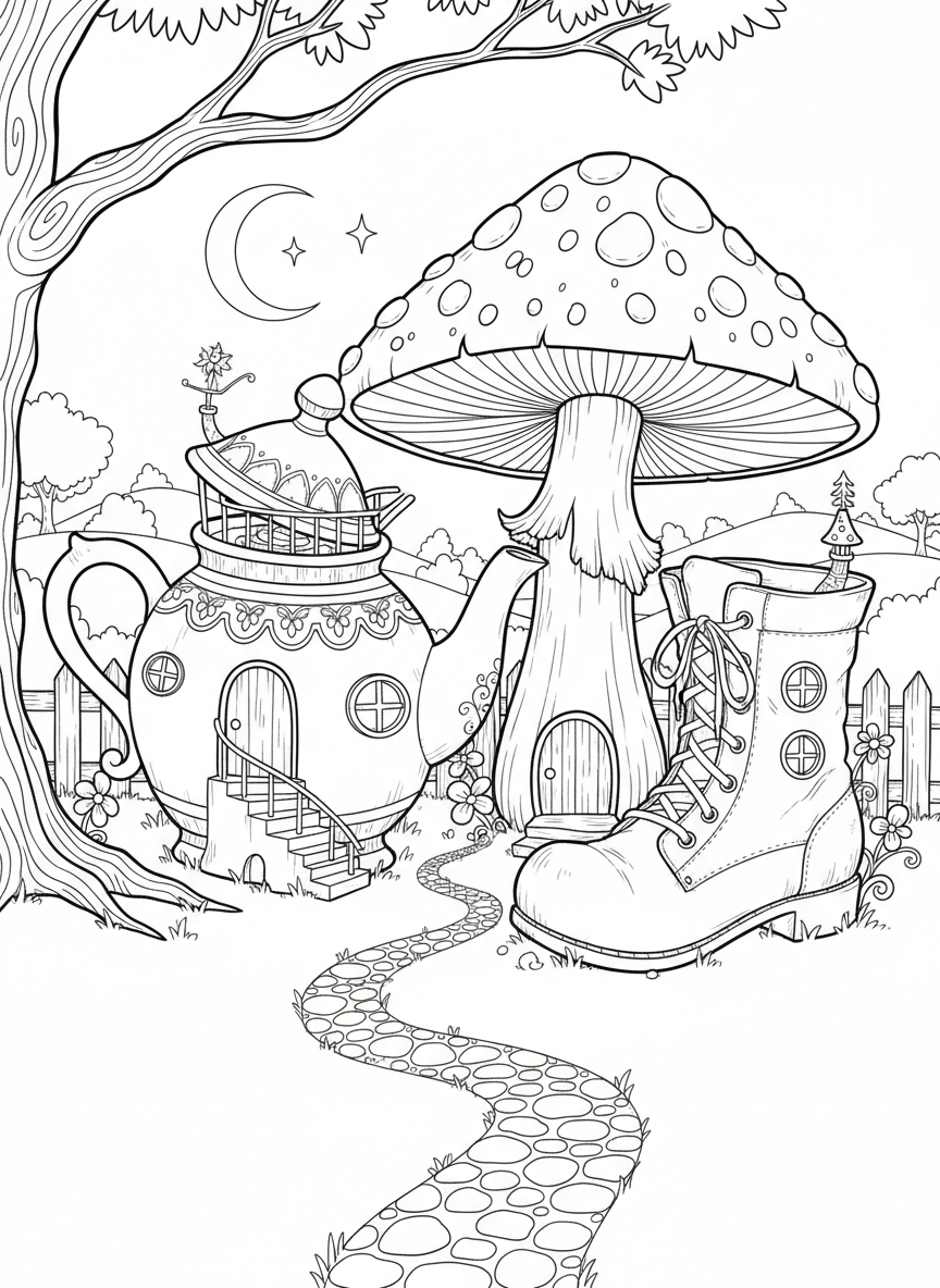 A fairy village scene with three small houses: one in a teapot, one in a boot, and one under a toadstool.