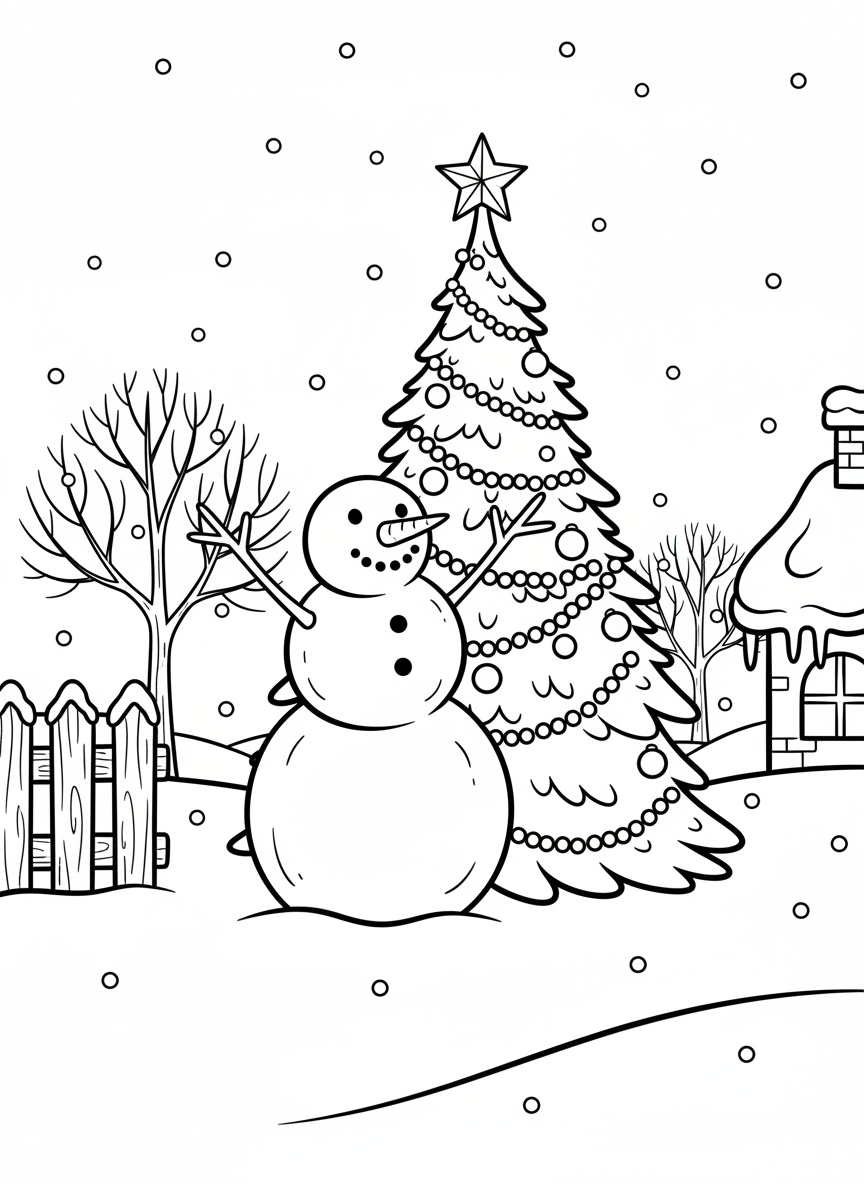 A snowman decorating a Christmas tree outdoors in the snow, reaching up with stick arms to place a star on top.