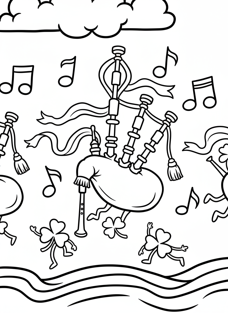 A bagpipe instrument decorated with ribbons and tassels, surrounded by musical notes and dancing shamrocks in a whimsical scene.