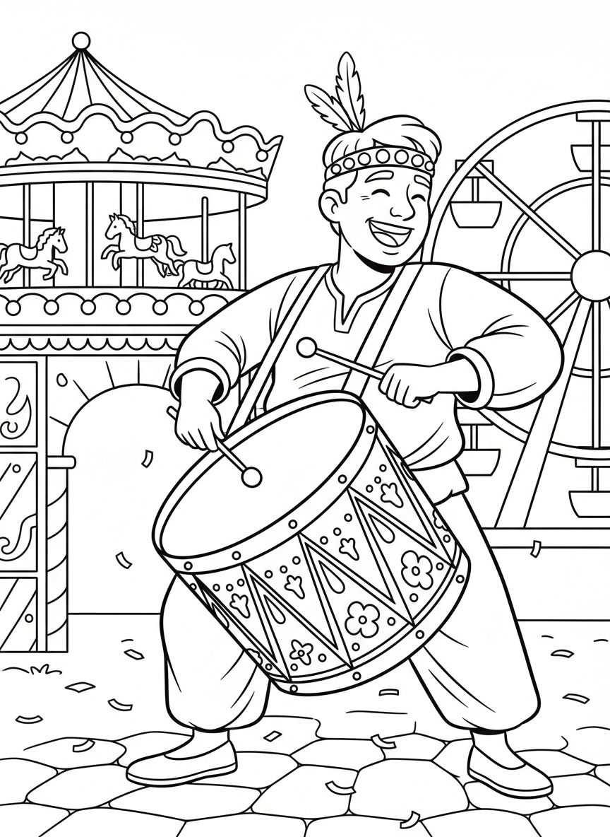 A smiling performer playing a large decorated drum with carnival patterns, wearing a headband with small feathers and beads.